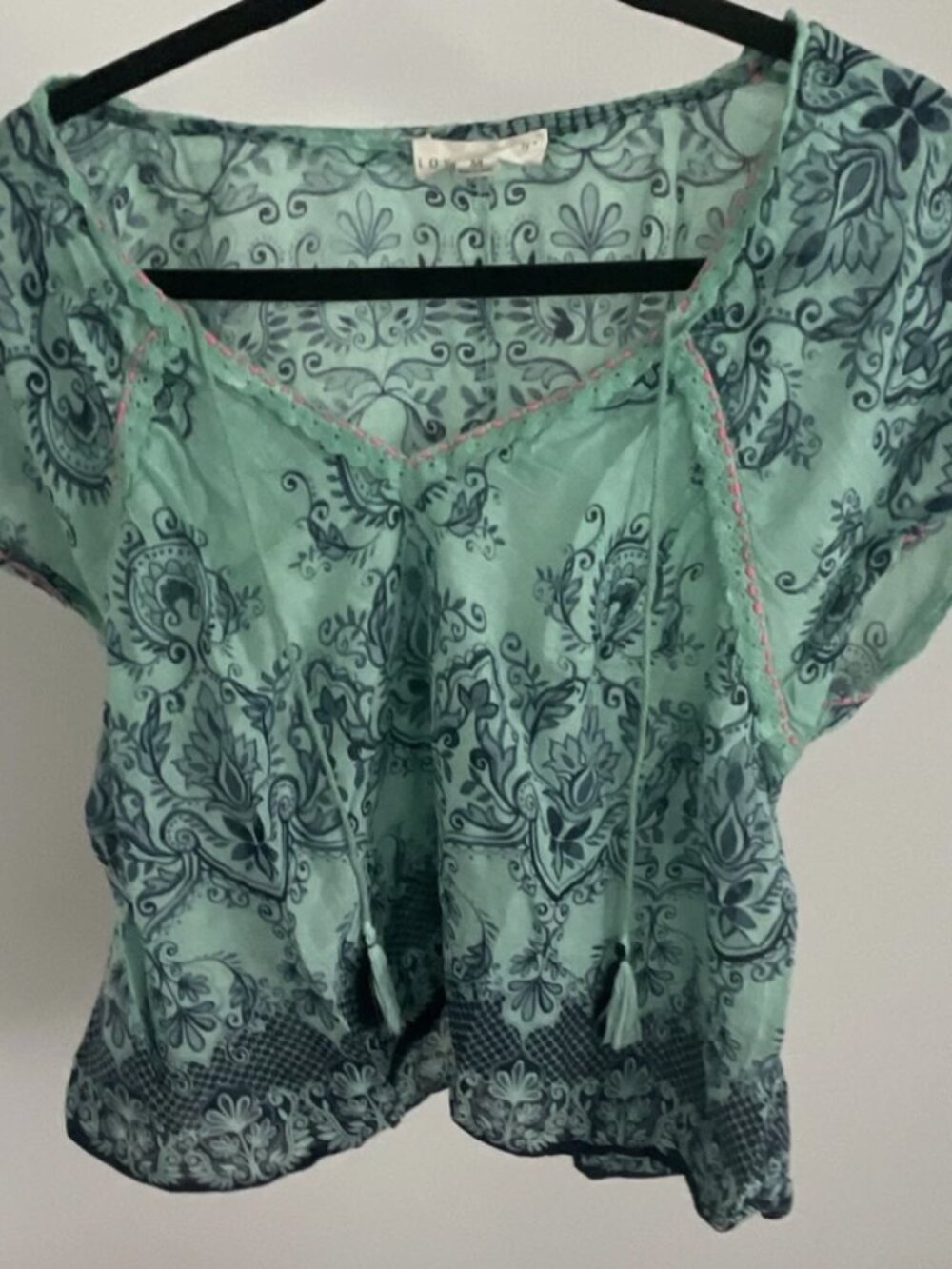 Lovestitch Women’s Medium Boho Paisley Blouse Aqua Blue Lace Trim Tassel Tie